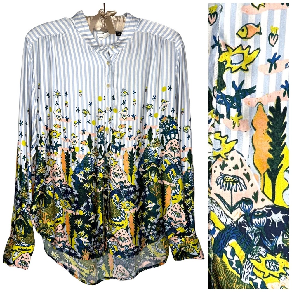 Anthropologie x Adele Prost XS Floral Underwater Ocean Fish Dog Blouse Button Up